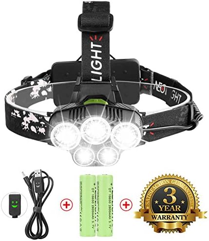 Rechargeable Headlamp, Super Bright 6000 Lumen, 6 Modes LED Headlight, Waterproof, Portable Hardhat Head Lamp, for Cycling, Running, Dog Walking, Camping, Hiking,Fishing, Night Reading and DIY Works