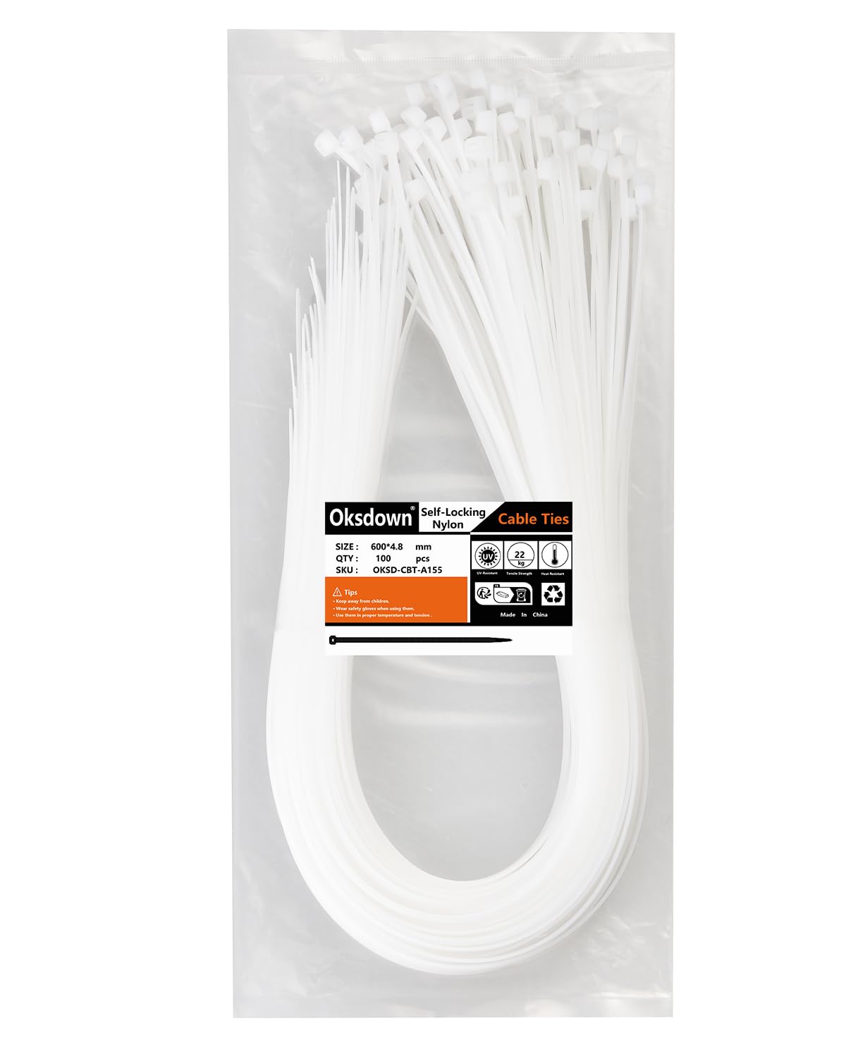 Oksdown 100 Pack White Plastic Cable Ties 600mm×4.8mm Strong Nylon Heavy Duty Self Locking 24 inch/60 cm Long Zip Tie Wraps