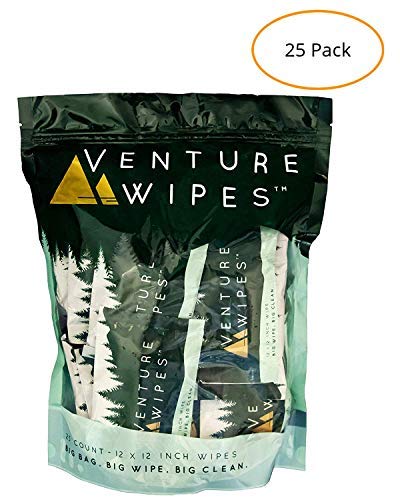 Venture Wipes: Individually Wrapped Body Wipes -25 Count- Natural Ingredients with Tea Tree Oil. Biodegradable Wipes Provide a Camping Shower with a Large 12x12 Inch Textured Wipe. #DirtHappens