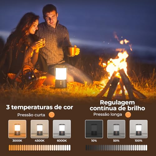 Tobeape Lampião LED Recarregável 5000mAh, Lanterna Camping e Acampamento com 3 Cores de Luz, IP65 à Prova d’Água, Luz de Emergência Portátil para Falta de Energia, Barraca, Pesca e Trilha, Kit com 2
