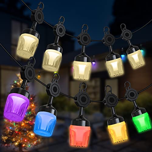 Color Outdoor String Lights,49FT Patio Lights, Warm White,Multi-Color,RGBW Smart String Lights,15 LED Dimmable Shockproof Bulbs,APP Control,IP65 Waterproof,210view Mode,Yard,Garden,Christmas Party