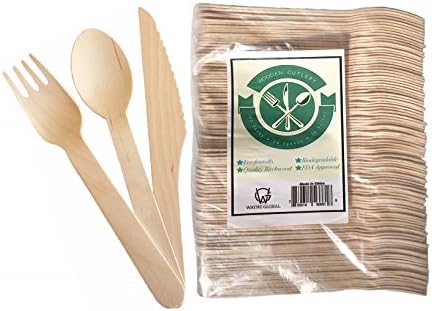 Disposable Wooden Cutlery Set, Biodegradable Birchwood Forks, Spoons and Knives (200 Pieces)