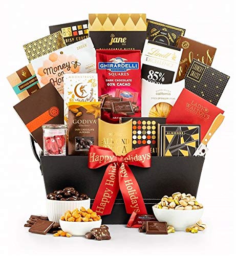 GiftTree The Manhattan Happy Holidays Gourmet Premium Gift Basket | Godiva, Moonstruck, Lindt & Ghirardelli Chocolates, Toffee Caramel Popcorn, Almonds, Pecans & More