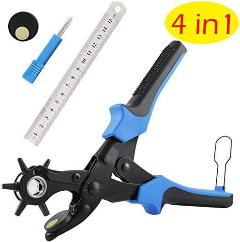 Belt Hole Puncher, (Perfect Full Set)E2Buy Leather Hole Punch, Heavy Duty Revolving Punch Plier Tool with 2 Extra Punch Plates and Ruler, Multi Sized Puncher for Belts, Crafts, Card, Rubber, etc.