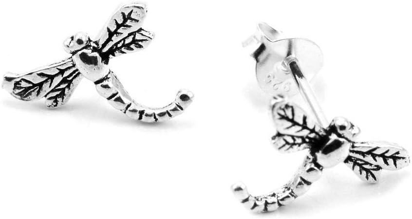 Tiny Oxidised Sterling Silver Dragonfly Stud Earrings (8mm x 11mm) (E230)