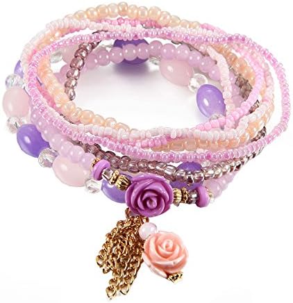 Bohemian Flower Crystal Beaded Bangle Bracelet Multilayer Link Wrist Stretch Bracelet Set