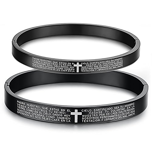 Lefeng Couples Bracelets Stainless Steel Couple Bracelet Black Matching Couple Bracelets Boyfriend and Girlfriend Spanish Bible Lord'S Prayer Bracelet for Couples