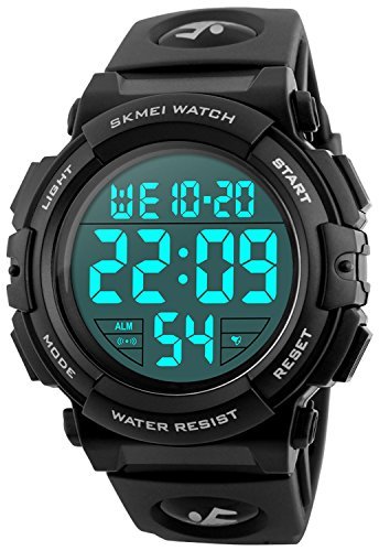 Mens Big Face Digital Sports Watch with Multifunction 50M Waterproof Alarm Stopwatch Calendar EL Backlight 12H/24H (Black)