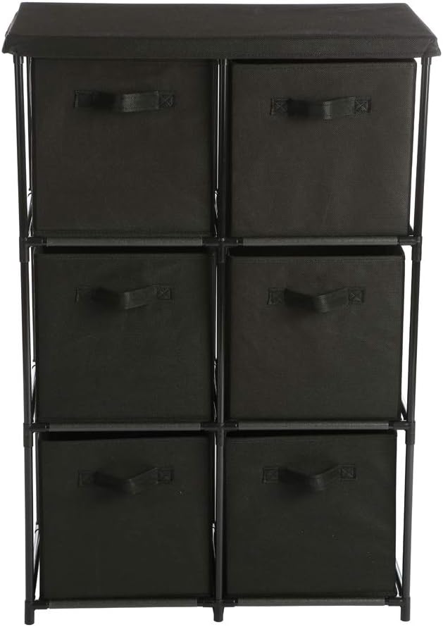 Function Home 6 Drawer Storage Organizer, Fabric Chest Cabinet, 3 Tier Metal Shelves with 6 Non-Woven Collapsible Bins, Organizer Tower Unit for Storing Clothing Documents Books Towels in Black: Home & Kitchen