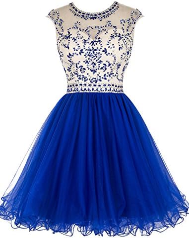 Tideclothes ALAGIRLS Beaded Prom Dress Short Tulle Homecoming Dress Hollow Back Royal Blue US2