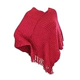 Waffle Knit Asymmetrical Poncho Wrap Shawl w/ Fringe in Beige, Cranberry & Black