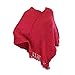 Waffle Knit Asymmetrical Poncho Wrap Shawl w/ Fringe in Beige, Cranberry & Black