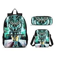 PrelerDIY Tribe Galaxy Wolf Backpack Set 3 Piece 17 Inch Plus Book Bag Shoulder Bag Pencil Case for Boys Girls 1-6th Grade Kids Back to School