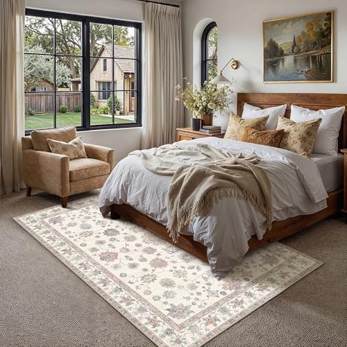 PureCozy Rugs Living Room 200x300cm Beige Washable Non Slip Large Vintage Area Bedroom Rug Bedside Nursery Lounge Office Playroom Indoor Big Carpet Low Pile Carpets Retro