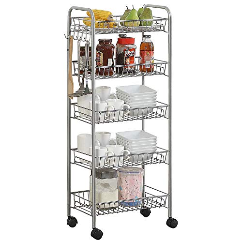 HOME BI 5-Tire Metal Rolling Cart, Lockable Utility Trolley for Kitchen and Bathroom, Silver