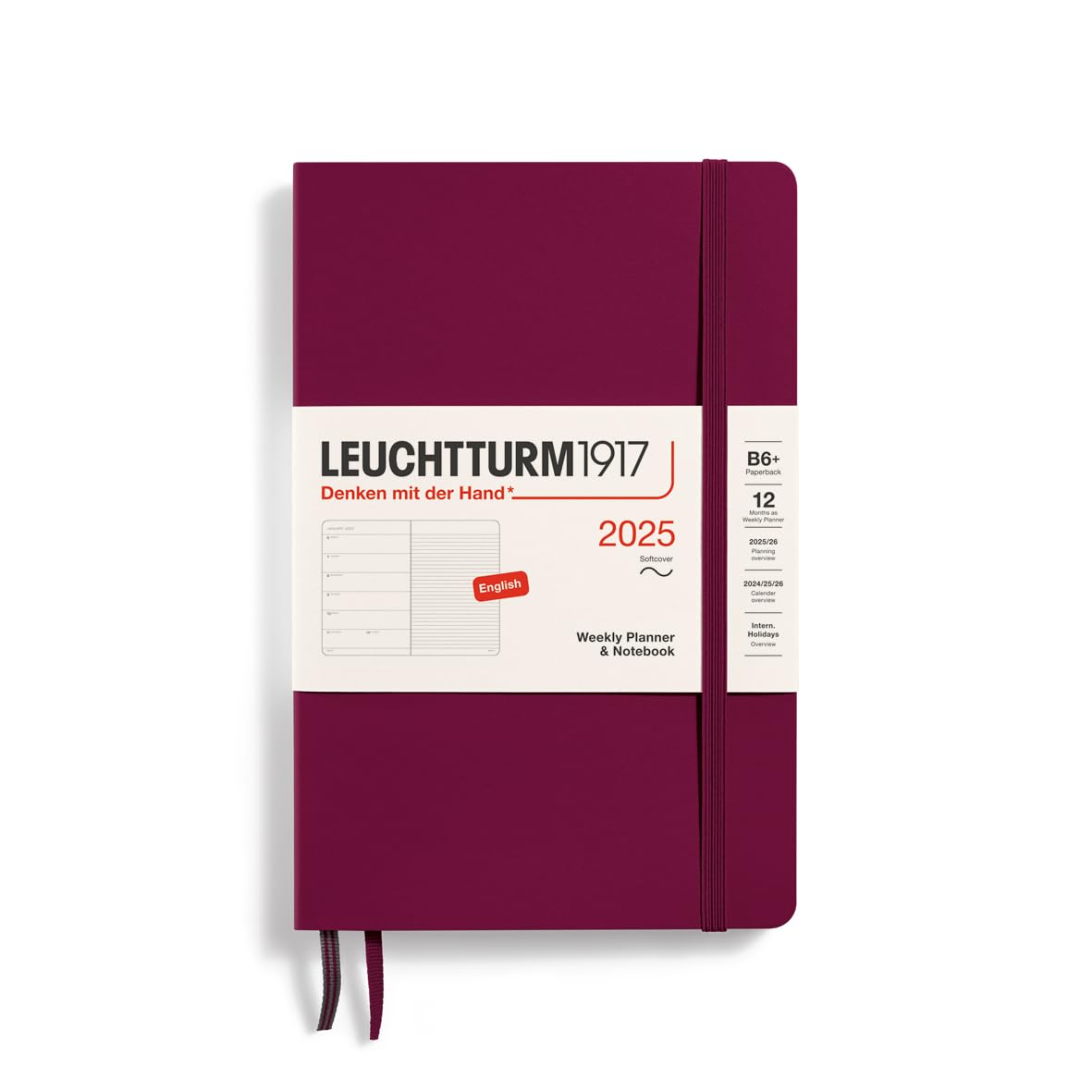 LEUCHTTURM1917 370654 Weekly Calendar & Notebook 2025, Paperback B6+ Softcover - 12-Month Planner, Lined - Port Red, English
