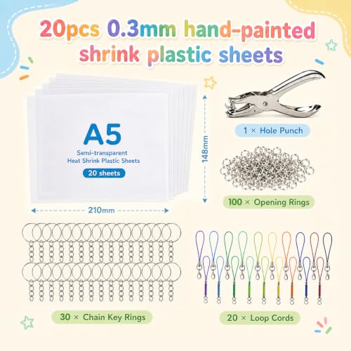 Lurkapes 171 Pieces A5 Plastic Magic Kit, Plastic Thermotractile Magic Paper, Punch, Keychains, Carabiners for Mobile and Small Open Metal Rings, Creative DIY Crafts