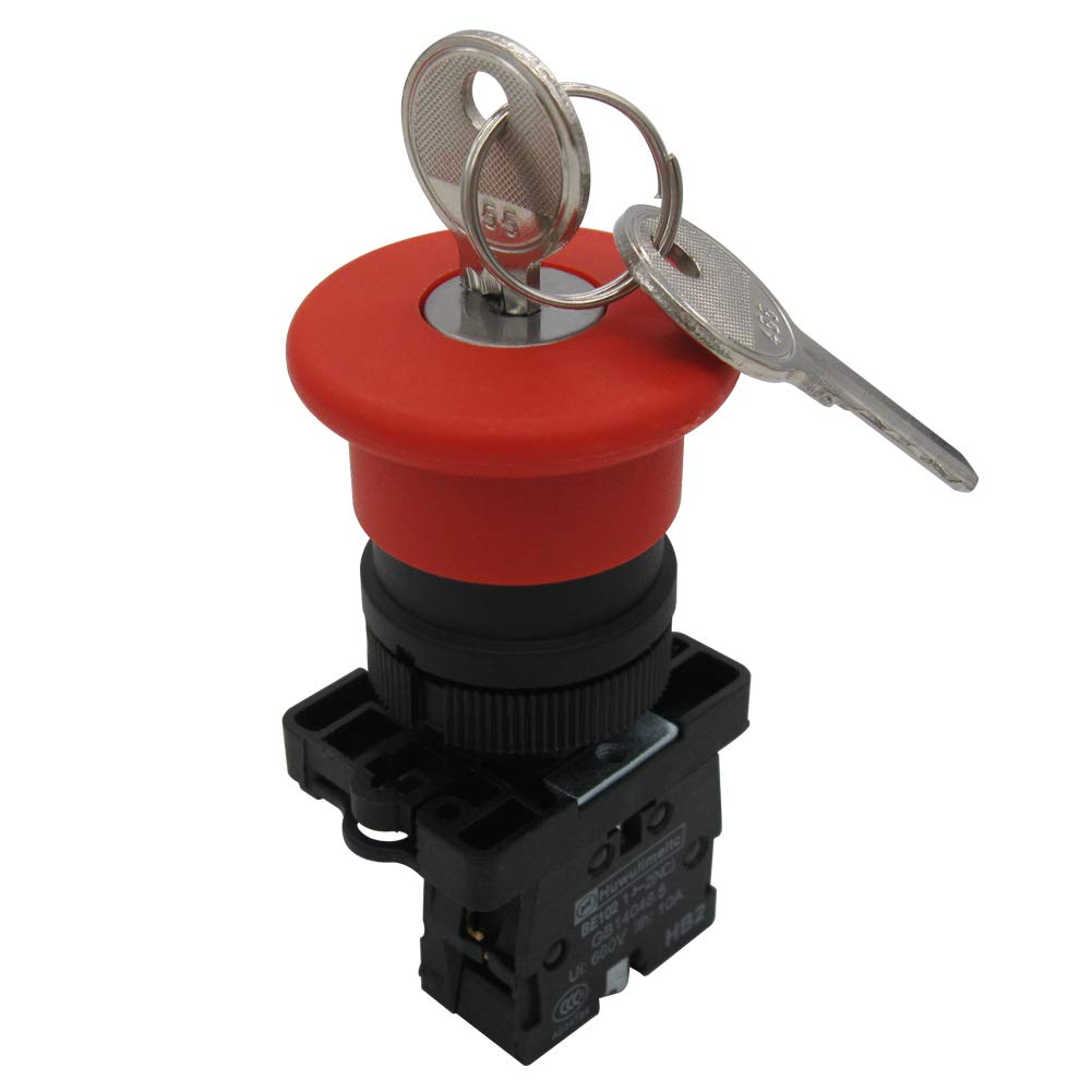 mxuteuk 1NC Red Mushroom Switch AC 660V 10A 22mm Red Mushroom Emergency Stop Push Button Switch Key Reset with Emergency Stop Sign ,HB2-ES142 - Image 5