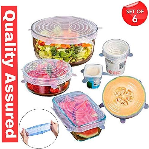 GaxQuly Silicon Stretchable Lids Covers Resuable Microwave Safe Flexible Air-tight Vacuum Sealer Food Wrap Lids for Bowl, Cups, Mugs, Utensils, Glasses, Cans, Plates - Set of 6 with Various Sizes (Color May Vary)