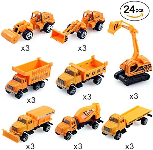 24PCS Play Vehicles Constructions Truck Car Toy Set for Kids, Mini Die-cast Model Vehicles with Forklift, Bulldozers, Tank Truck and More Construction Cars for Birthday and Christmas Gift