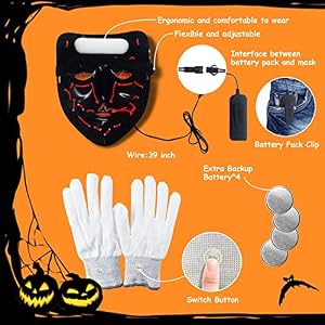 Light Up Halloween Mask With Gloves - Purge Style LED Mask, 3 Modes, Glowing Gloves For Costume