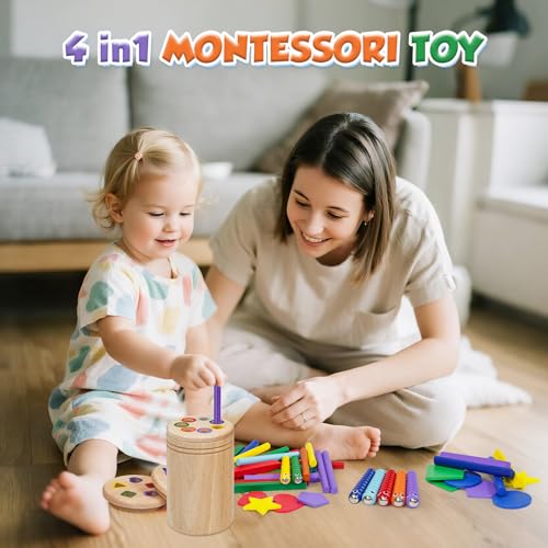 Joozmui Montessori Wooden Toys 1 2 3 Years, 4 in 1 Wooden Toys for Activities and Development Montessori Educational Games Children 1 2 3 Years Sensory Toys 1+ Year
