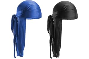 Umallix 2 PCS Long Tail Durag, Unisex Silk Durag 360 Waves Headwraps Wide Straps Pirate Hair Loss Chemo Cap Bandana Turban Ha