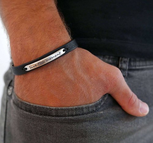 Handmade Black Genuine Leather Cuff Bracelet For Men Set With Silver Plated 'Live The Moment' Palette By Galis Jewelry - Leather Bracelet For Men