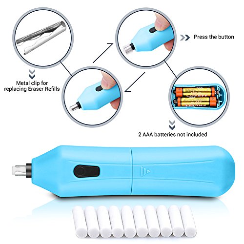 Electric Eraser Kit - XREXS Battery Operated Eraser with 10 Eraser Refills, Auto Pencil Eraser for Students, Artists 2 AAA Batteries not included (blue)