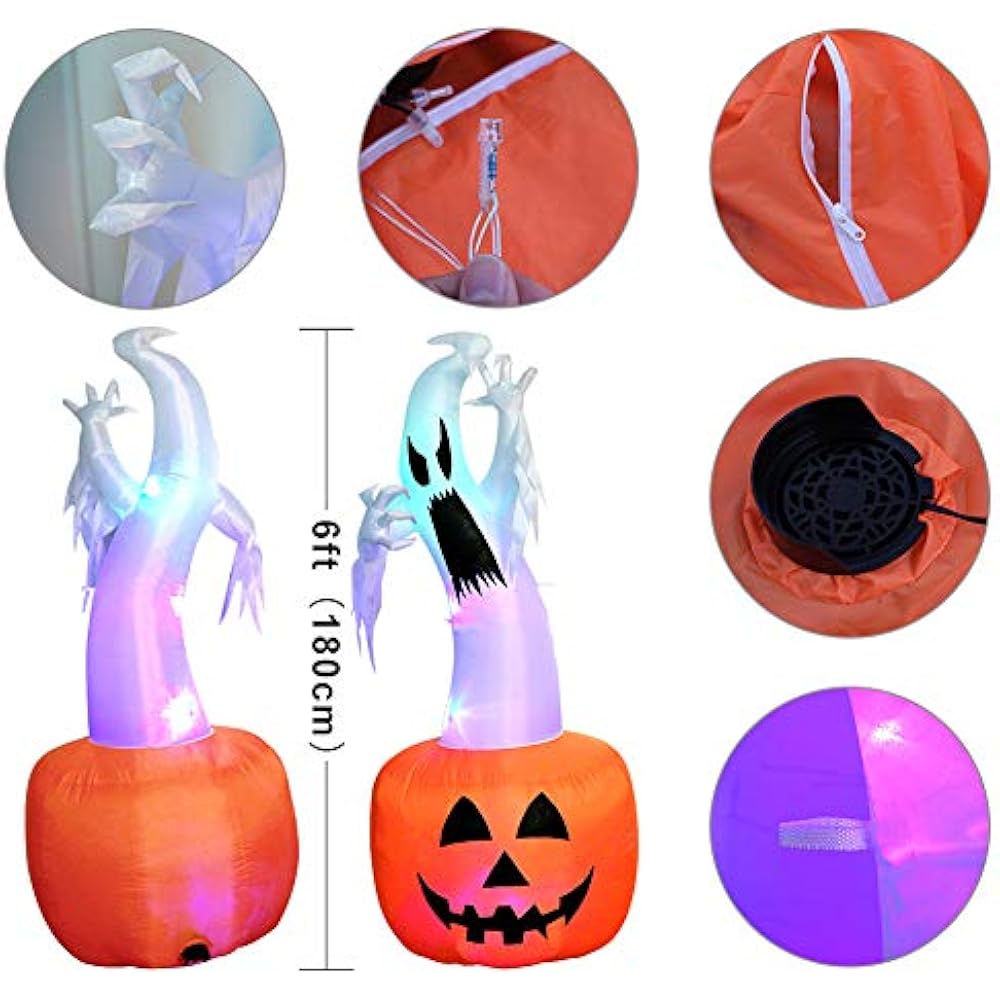 OurWarm 6ft Halloween Inflatable Blow Up Ghost On Pumpkin With Color