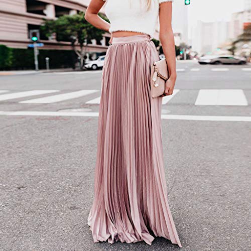 Tantisy ♣↭♣ Women Fashion Pleated Long Skirts Simple Solid Dress High Waist Fold Ladies Sexy Skirts Pink - Thumbnail 4