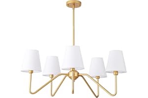 9MMML 30.5" 5 Arms Gold Chandelier, 5 Lights Kitchen Island Lighting with White Fabric Shade,Dining Room Light Fixture for Hallway Entryway Foyer Living Room，E12.