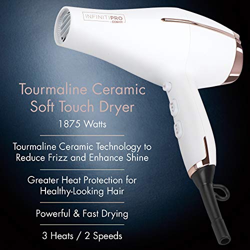 Conair 362C Infiniti Pro Tourmaline Ceramic Soft Touch Full Size Hair Dryer, 1875 Watts, Includes Concentrator, 3 Heat/2 Speed Settings, Great for Travel