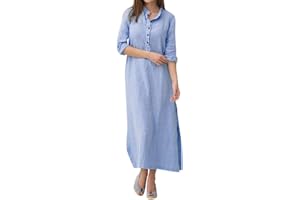 GENERIC Long Sleeve Dress for Women Casual Cotton Linen Solid Button Maxi Dresses Kaftan Shirt Dress White Blue
