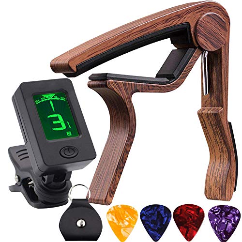 Guitar Tuner and Guitar Capo, ClipOn Tuner with Rosewood Color Capo