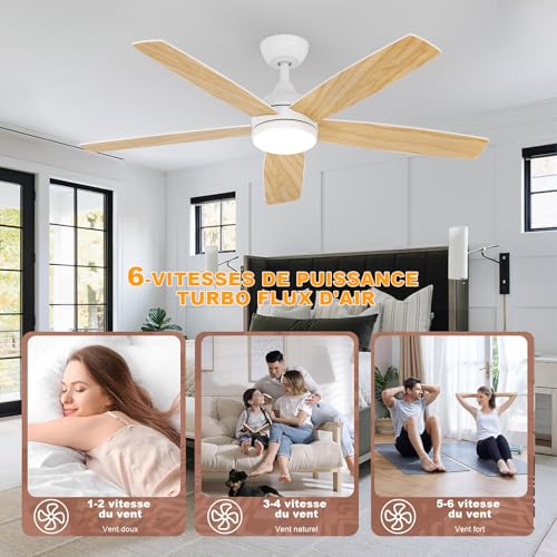 Dorlink Ceiling Fan with Light and Remote Control, 132 cm, Silent Reversible DC Motor, Ceiling Fan with Light for Bedroom, Living Room, Kitchen, Natural Wood Tint/White