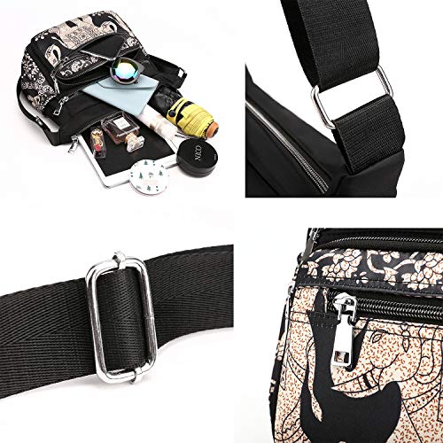 Womens Nylon Floral Shoulder Bag Crossbody Bag Messenger Bags Travel Handbags With Adjustable Strap Waterproof (C white line)