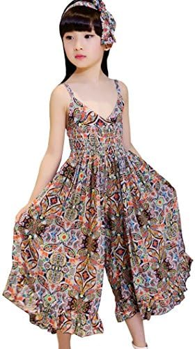 Girl's Vintage Floral Spaghetti Long Boho Romper Jumpsuit Culottes Dress, Orange, 9-10 Years