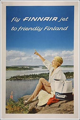 Fly FINNAIR Jet to Friendly Finland Tourism Poster, 1960 Wall Vintage Poster Print