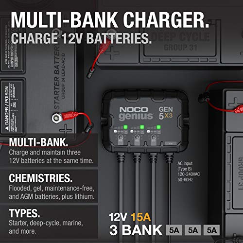 NOCO Genius GEN5X3, 3Bank, 15A (5A/Bank) Smart Marine Battery Charger, 12V Waterproof Onboard