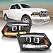 AmeriLite Black Dual Quad Projector Headlights Assembly Switchback LED Tube Parking Turn Signal for 2009-2018 Both Model Dodge Ram 1500 2500 3500 Pickup Truck - Passenger and Driver Side Set