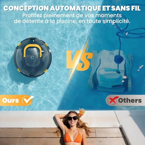 Robot Nettoyeur de Piscine sans Fil | Aspirateur de Piscine Automatique, 120 Min d'autonomie, Auto-Stationnement & Ultra Léger | Robot pour Piscine Hors-Sol ou Enterrée à Fond Plat jusqu'à 110 m²(n)
