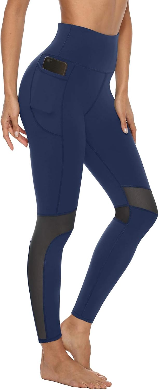 AFITNE Women's High Waist Mesh Yoga Leggings with Pockets, Tummy Control 4 Way Stretch Workout Non See-Through Yoga Pants at  Women’s Clothing store