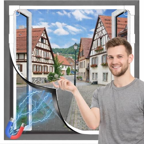 Mosquito Nets for Magnetic Windows 150 × 180cm Fiberglass Mesh, Window Frame with Full Magnetic Band, Cuttable Magnetic Window Mosquito Net