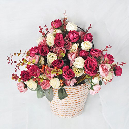 Hibery 7 Branch 21 Heads Artificial Fake Flowers Silk Rose Bouquet Wedding Home Office Floral Decor, Pack of 2 (White Pink) - Thumbnail 4