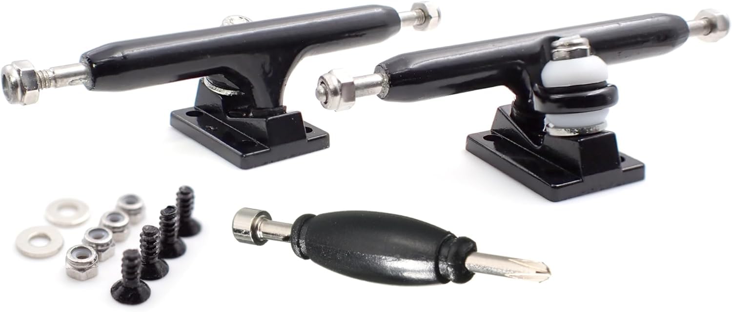 SPITBOARDS 32 mm Fingerboard Pro Trucks by, Real Lock Nuts, Single Axis, Kingpins, Rubber O-Ring Urethane Bushings, Optimised Hanger, Width 32 mm for Fingerboard Tuning & Assembling (Black)