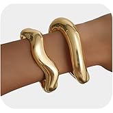Wrlcorly 2Pcs Gold Bangle Bracelets for Women 14K Gold Plated Wide Chunky Cuff Bracelets Trendy Minimalist Open Hinged Irregular Stack Bracelet Jewelry Gifts