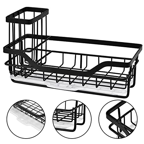 COCOBOSS Sink Caddy Kitchen Sink Organizer, Sponge Holder for Kitchen Sink Premium Stainless Steel Rustproof with Removable Drip Tray and Anti-Slip Bar - Black(8.5 x 3.6 x 4.9 in)