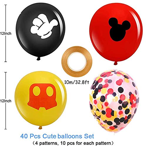 KSNOW Mickey Color Balloons12 Inch Red Black Yellow Latex Balloons with Confetti Balloon for Baby Shower Birthday Party Decor (40 Pack)
