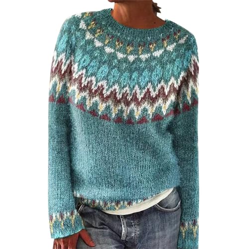 HOOUDO Ladies Jumpers Size 16 Fairisle Icelandic Sweaters Ladies Soft Comfortable Nordic Jumper Cosy Warm Sweater Casual Pullover Tops Knitwear Crop Tops for Women A Blue